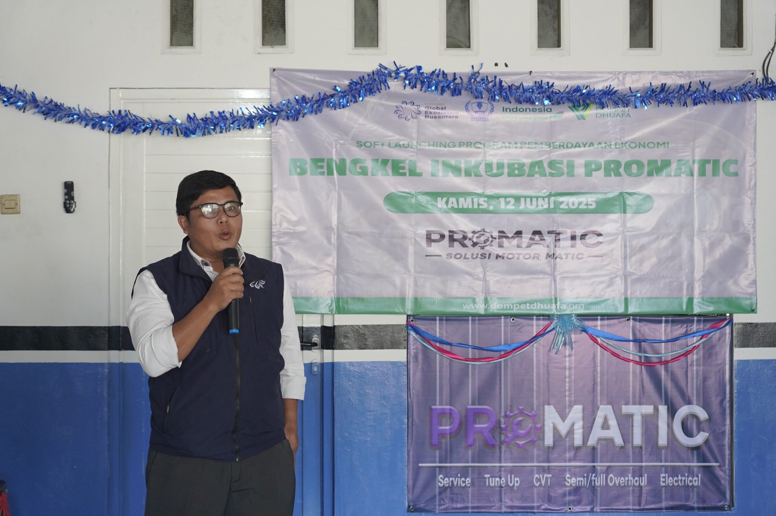 Sambutan Baban Sarbana, Sekertaris Koperasi Globak Ekosistem Nusantara dalam launching bengkel inkubasi promatic-program pemberdayaan ekonomi, Bekasi, 12 Juni 2025