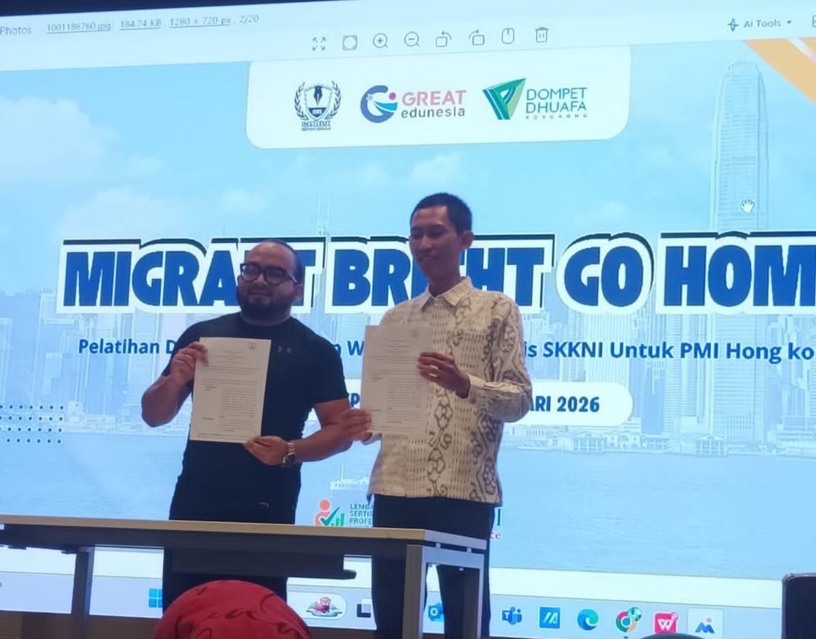 Penandatanganan nota kesepahaman (MoU) antara Institut Kemandirian dan BNI Remittance Hongkong, dalam kegiatan Migrant Bright GoHome, Hong Kong(21/9/2025).