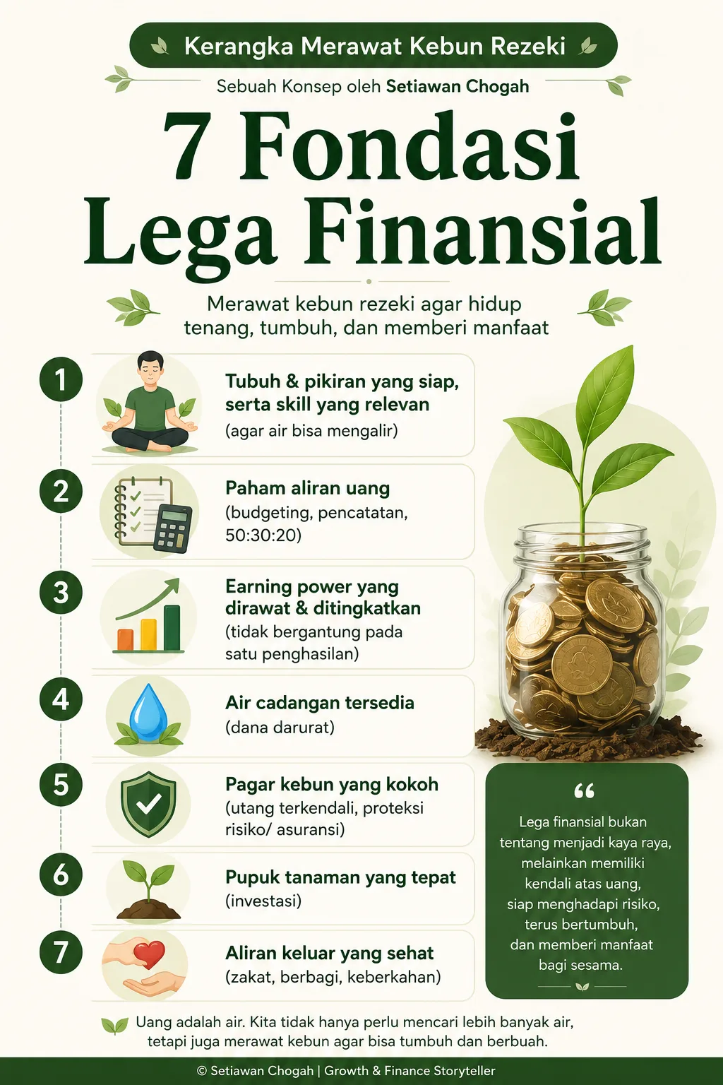 Infografis 7 Fondasi Lega Finansial dalam kerangka Merawat Kebun Rezeki yang mencakup kesehatan, keterampilan, pengelolaan uang, earning power, dana darurat, investasi, proteksi risiko, serta zakat dan sedekah.