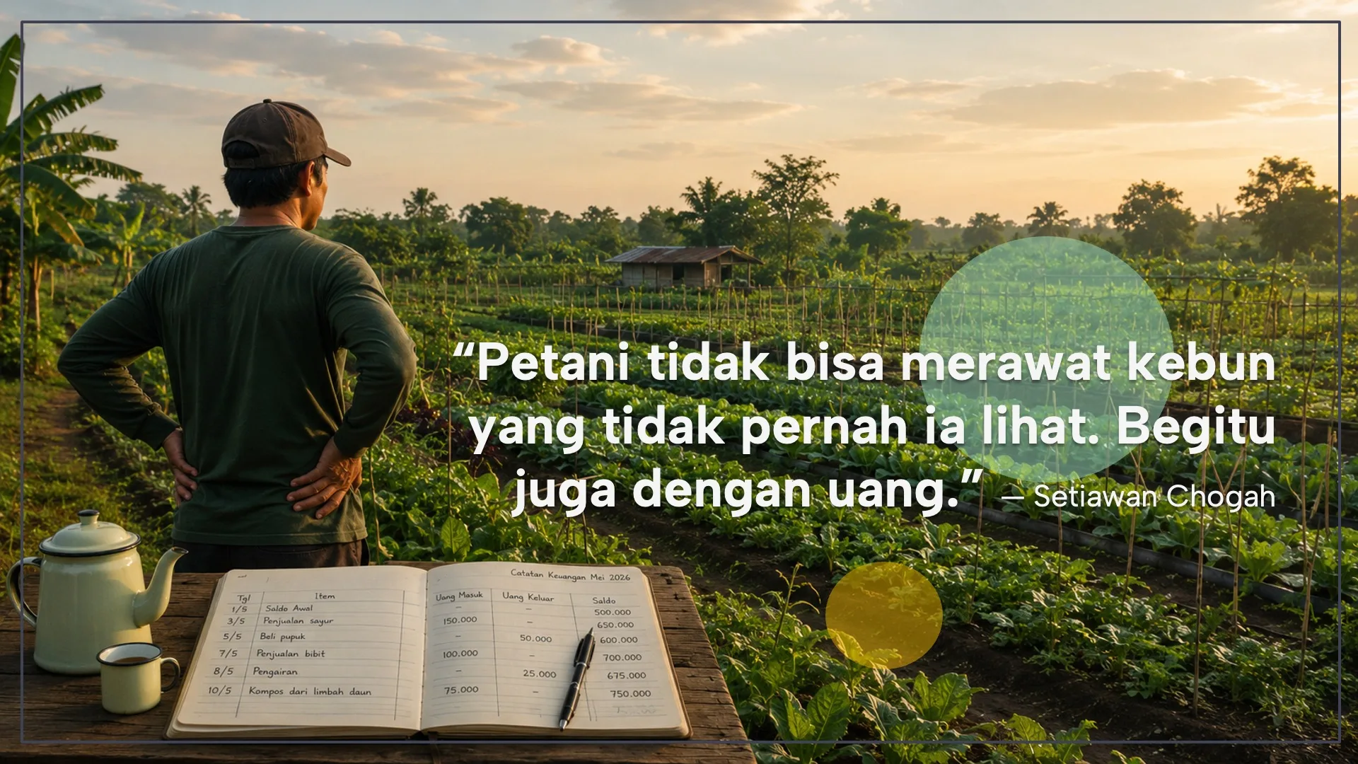 Ilustrasi konsep Merawat Kebun Rezeki yang menggambarkan pentingnya memperhatikan dan mencatat kondisi keuangan sebelum mengambil keputusan finansial.