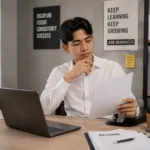 Pria muda mempersiapkan diri mencari kerja dengan mengembangkan skill dan portofolio
