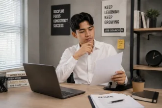 Pria muda mempersiapkan diri mencari kerja dengan mengembangkan skill dan portofolio