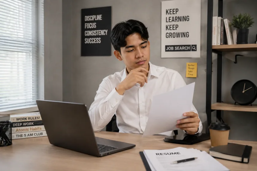 Pria muda mempersiapkan diri mencari kerja dengan mengembangkan skill dan portofolio