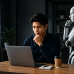 Ilustrasi pekerja dan robot AI yang menggambarkan pentingnya menguasai enam skill agar tetap relevan dan tidak tergantikan AI di dunia kerja.