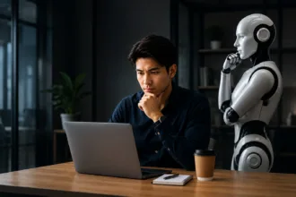 Ilustrasi pekerja dan robot AI yang menggambarkan pentingnya menguasai enam skill agar tetap relevan dan tidak tergantikan AI di dunia kerja.