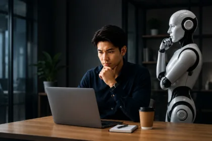 Ilustrasi pekerja dan robot AI yang menggambarkan pentingnya menguasai enam skill agar tetap relevan dan tidak tergantikan AI di dunia kerja.