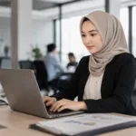 Wanita berhijab bekerja di kantor sebagai ilustrasi belajar skill gratis untuk dapat kerja.