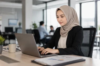 Wanita berhijab bekerja di kantor sebagai ilustrasi belajar skill gratis untuk dapat kerja.