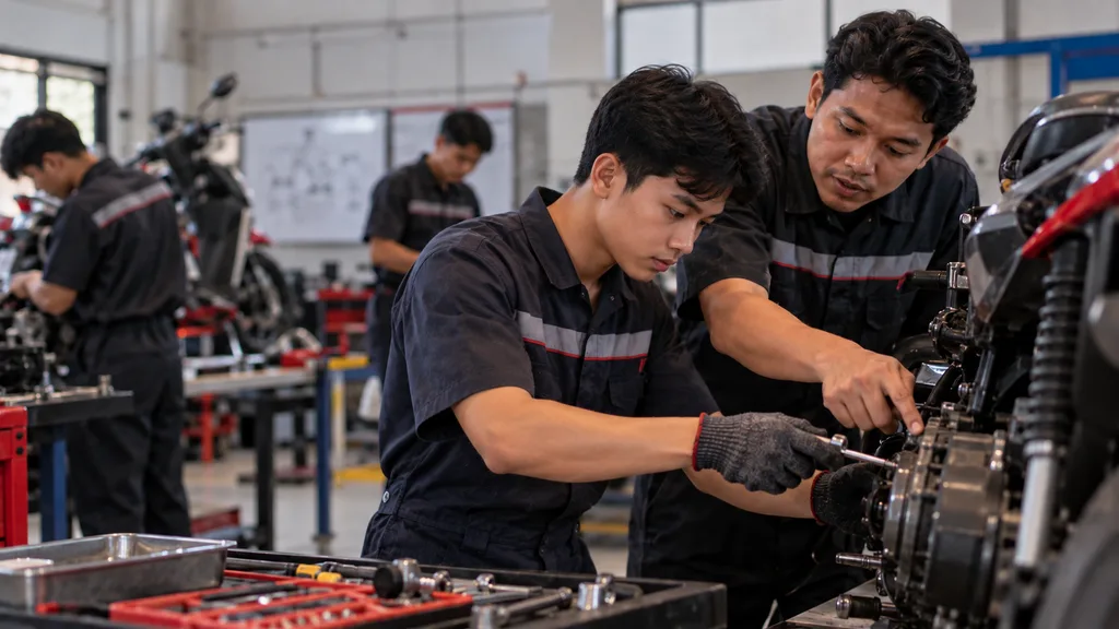 Pria muda mengikuti pelatihan servis motor dengan pendampingan instruktur