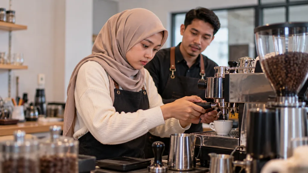 Wanita berhijab mengikuti pelatihan barista dan belajar menggunakan mesin espresso