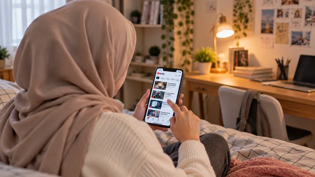 Wanita berhijab menonton tutorial YouTube melalui smartphone di kamar