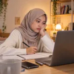 Wanita berhijab belajar melalui tutorial YouTube di laptop dari kamar