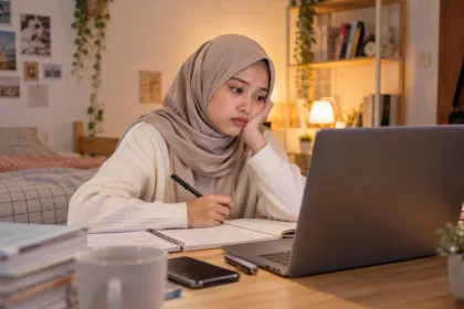 Wanita berhijab belajar melalui tutorial YouTube di laptop dari kamar