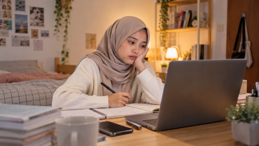 Wanita berhijab belajar melalui tutorial YouTube di laptop dari kamar