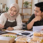 Wanita berhijab berdiskusi dengan mitra usaha tentang perencanaan bisnis dan bagi hasil mudharabah.