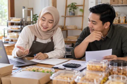Wanita berhijab berdiskusi dengan mitra usaha tentang perencanaan bisnis dan bagi hasil mudharabah.