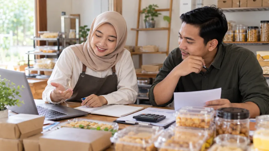 Wanita berhijab berdiskusi dengan mitra usaha tentang perencanaan bisnis dan bagi hasil mudharabah.