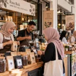 Barista wanita berhijab menjaga kualitas produk kopi sambil memperhatikan kebutuhan pelanggan.