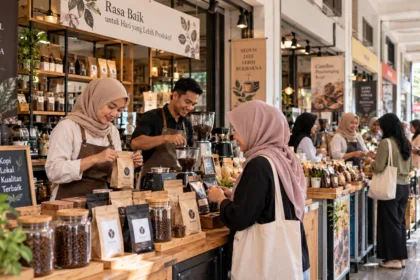 Barista wanita berhijab menjaga kualitas produk kopi sambil memperhatikan kebutuhan pelanggan.