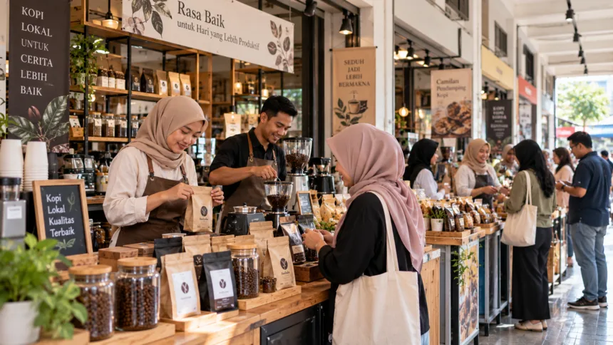 Barista wanita berhijab menjaga kualitas produk kopi sambil memperhatikan kebutuhan pelanggan.
